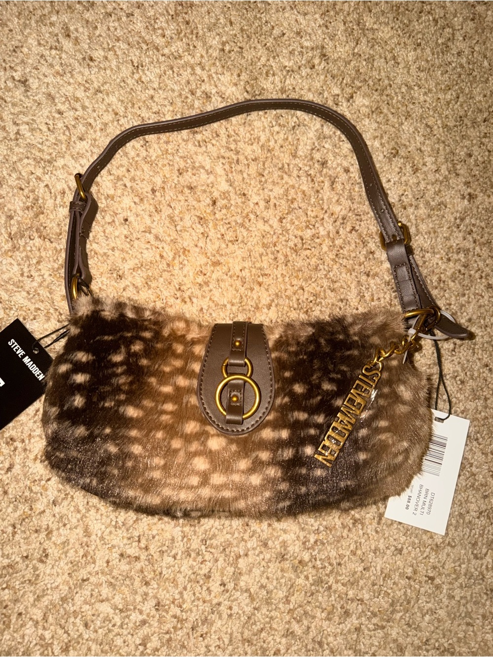 Steve Madden Brown Faux Fur Shoulder Bag with Gold Hardware
